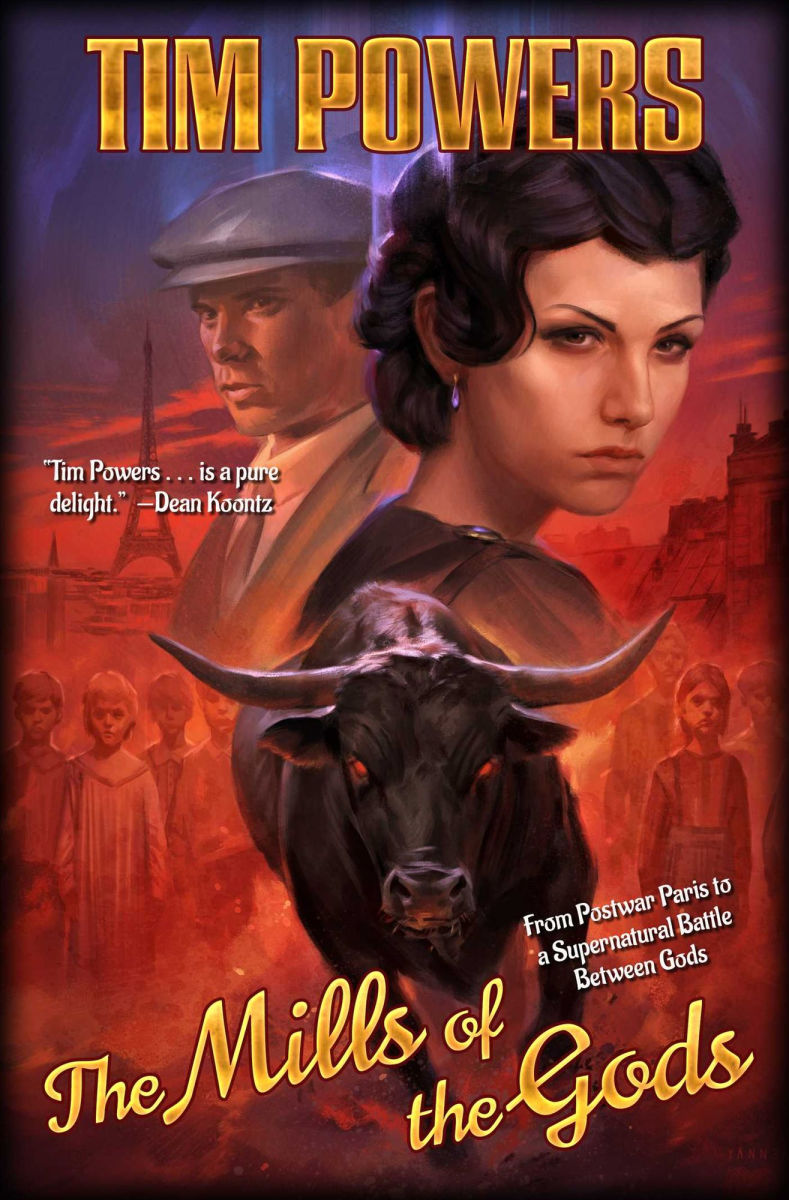 Book cover of 'The Mills of the Gods' by Tim Powers featuring a woman, man, and bull with a cityscape in the background.