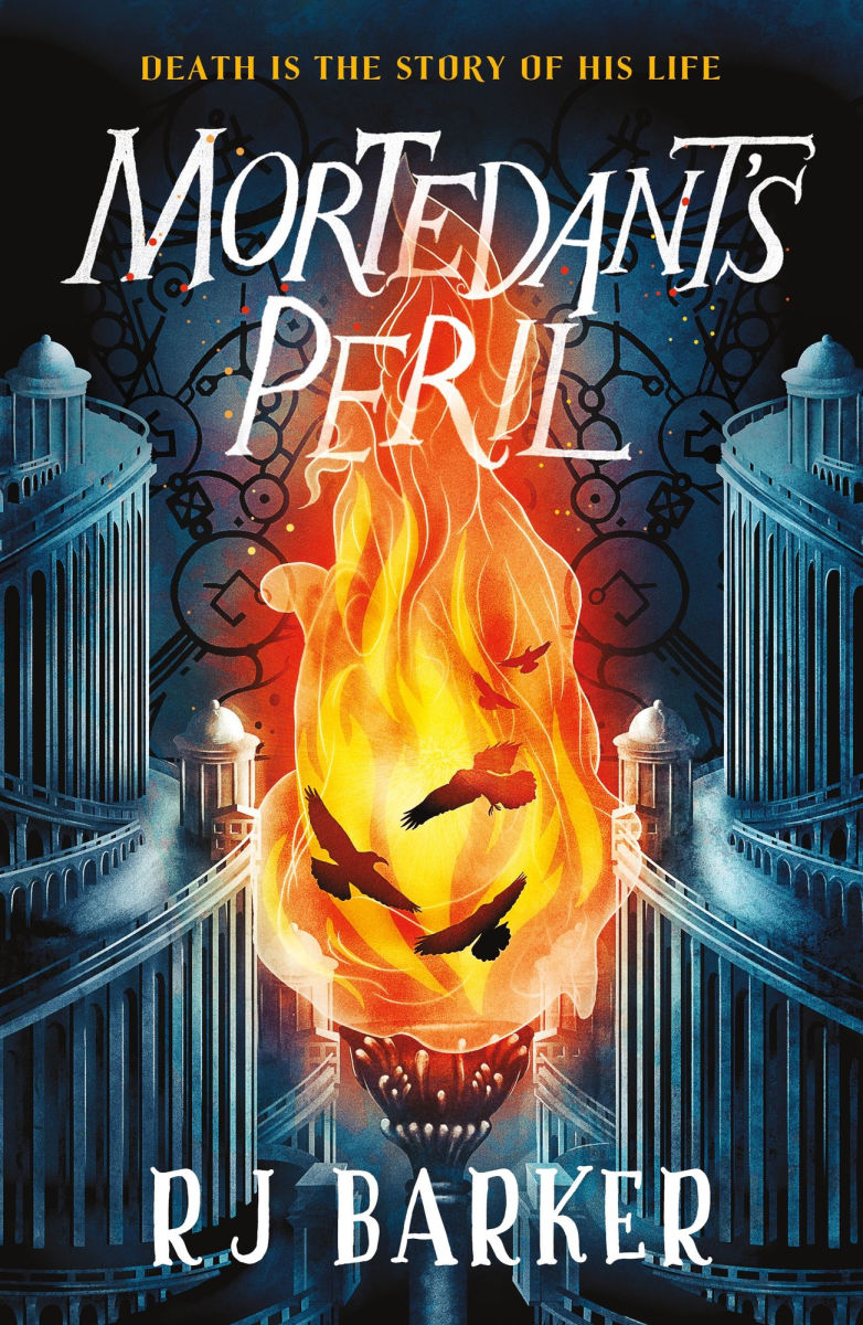 Book cover of 'Mortdant's Peril' by R.J. Barker with a fiery design and architectural elements.