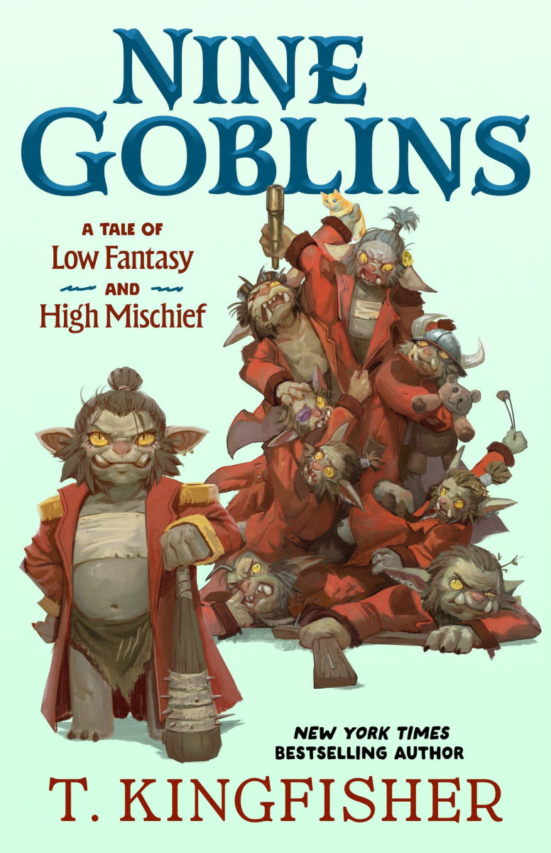 Book cover of 'Nine Goblins' with goblin characters and T. Kingfisher's name.