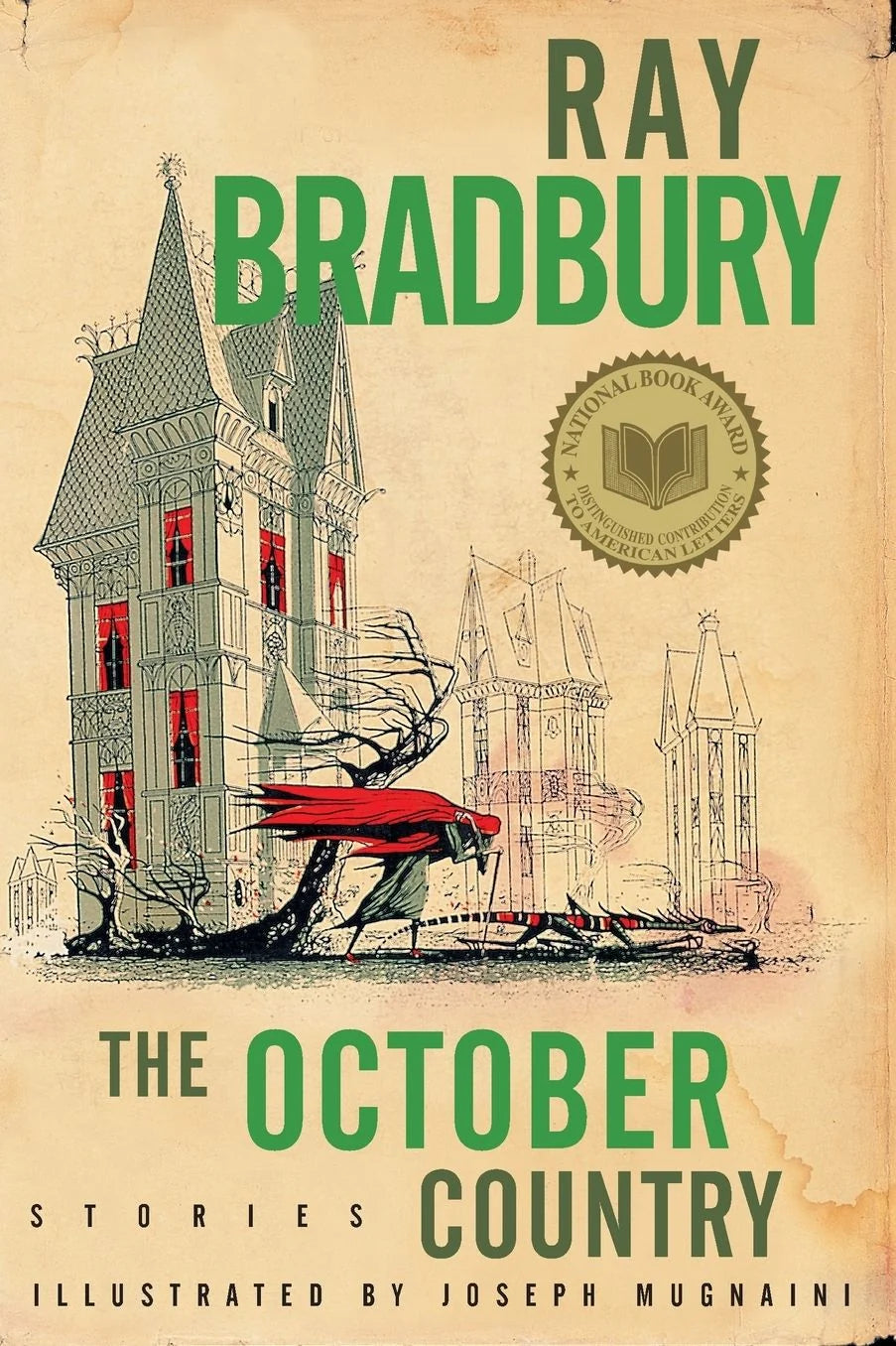 Book cover of 'The October Country' by Ray Bradbury with illustrations and a vintage feel.