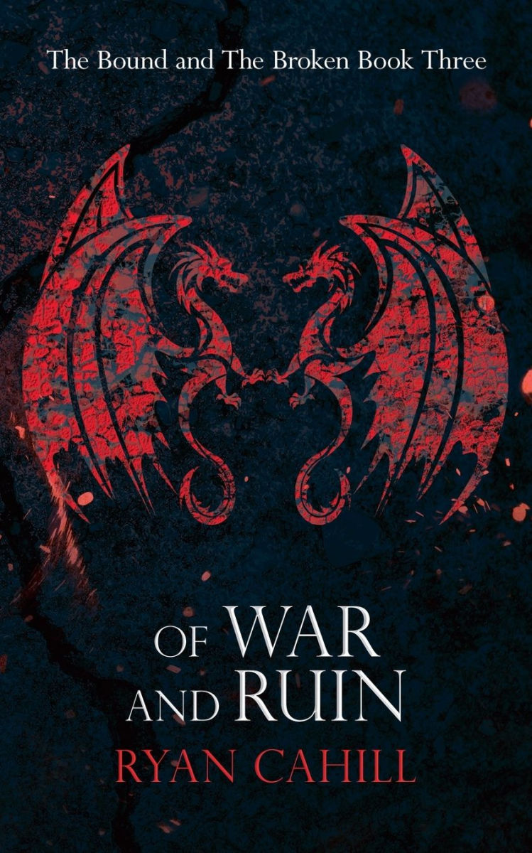 Book cover of 'Of War and Ruin' with red dragon design on a dark background