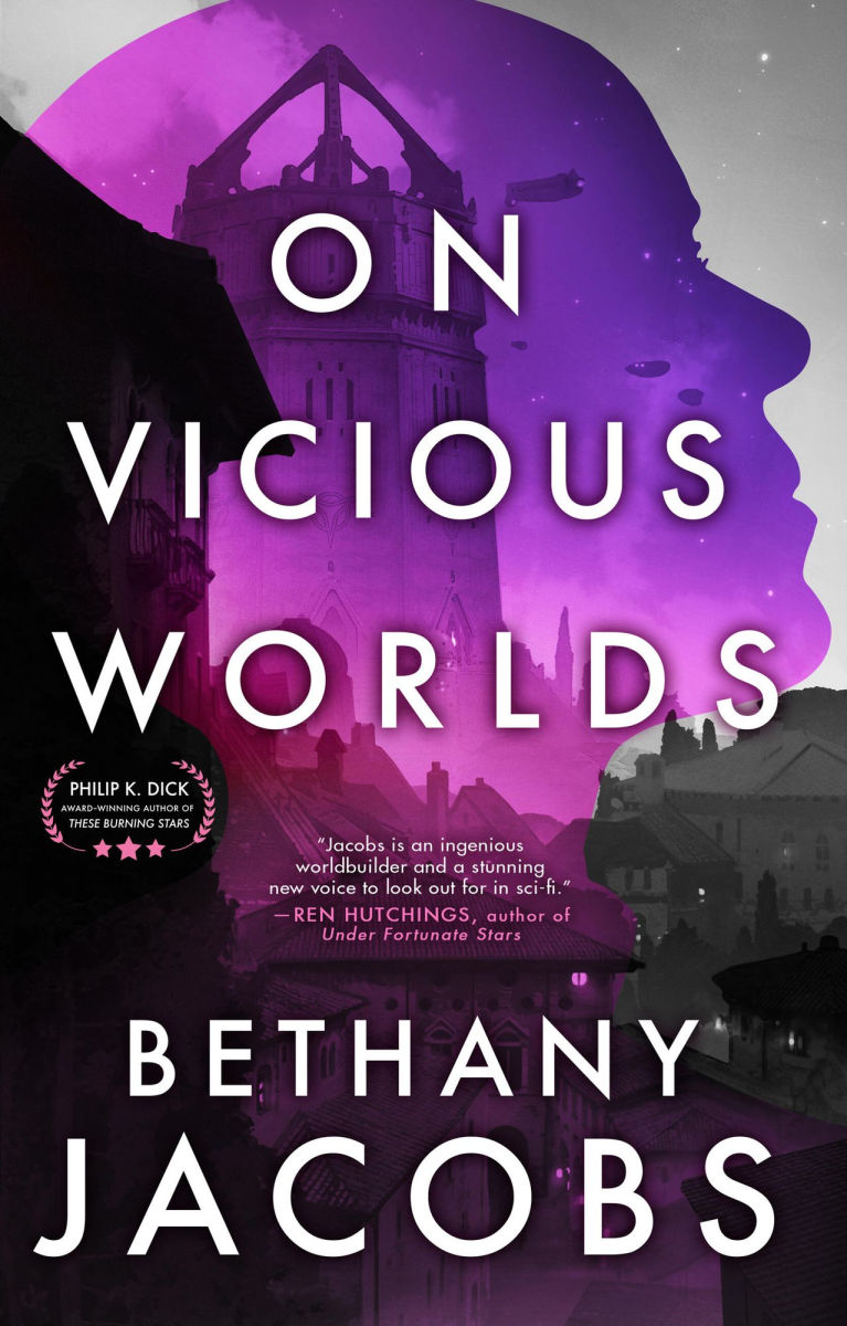 Book cover of 'On Vicious Worlds' by Bethany Jacobs with a purple silhouette of a woman and a tower.