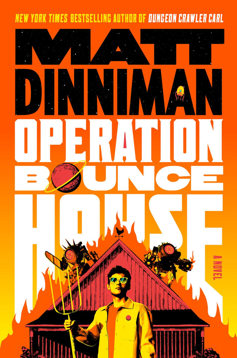 Book cover of 'Operation Bounce House' by Matt Dinniman with a stylized illustration of a man and a bounce house.