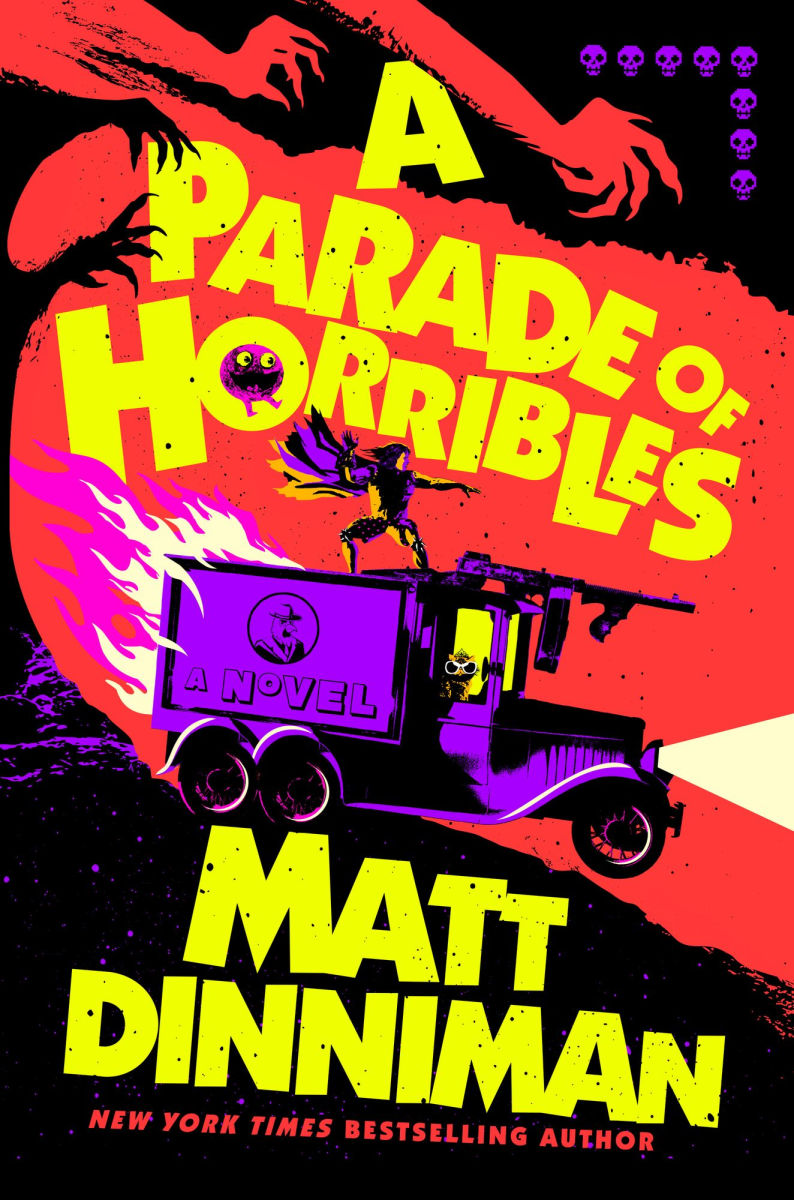 Book cover of 'A Parade of Horribles' by Matt Dinniman with a purple truck and hands on a red background.