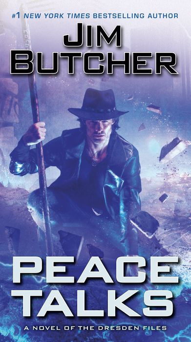 Book cover of 'Peace Talks' by Jim Butcher featuring a character in a hat and coat with a staff.