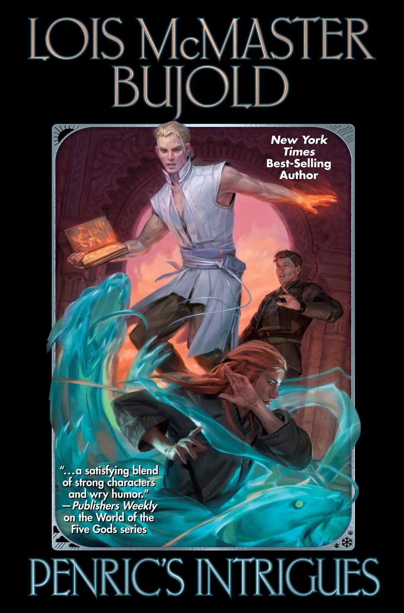 Book cover of 'Penric's Intrigues' by Lois McMaster Bujold with an illustration of a character and text.