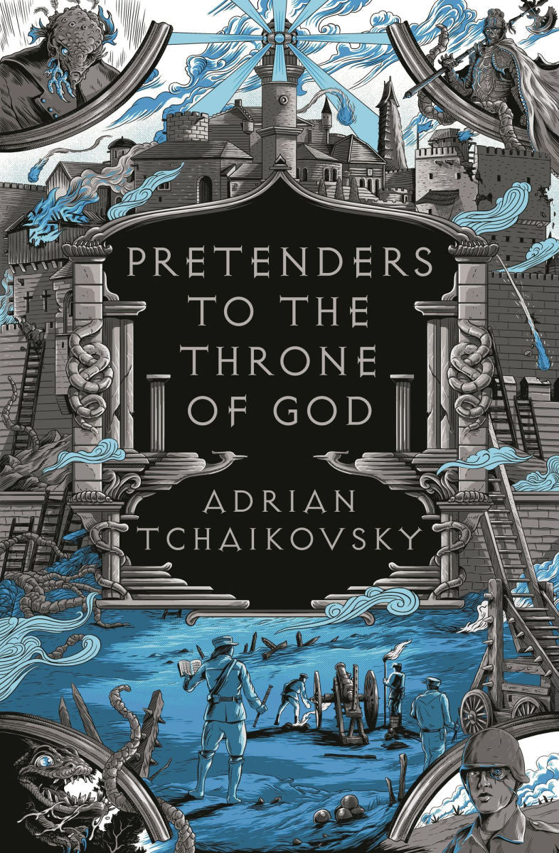 Book cover of 'Pretenders to the Throne of God' by Adrian Tchaikovsky with intricate illustrations and text.