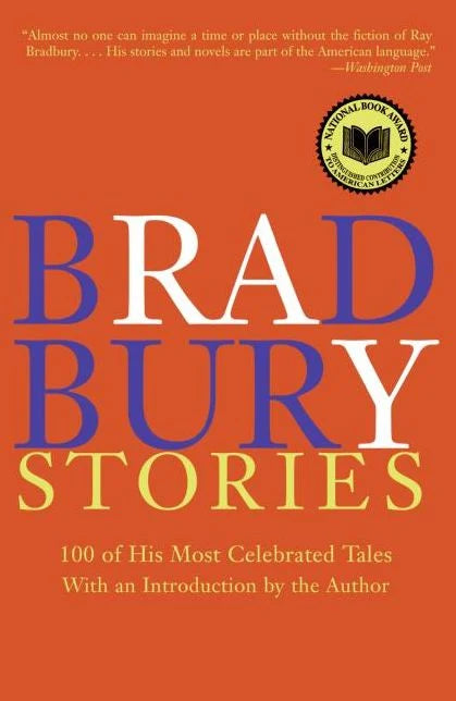 Book cover for 'Bradbury Stories' featuring a solid red-orange background with large blue, white, and yellow title text, plus a gold 'Natural Book Award' seal near the top.
