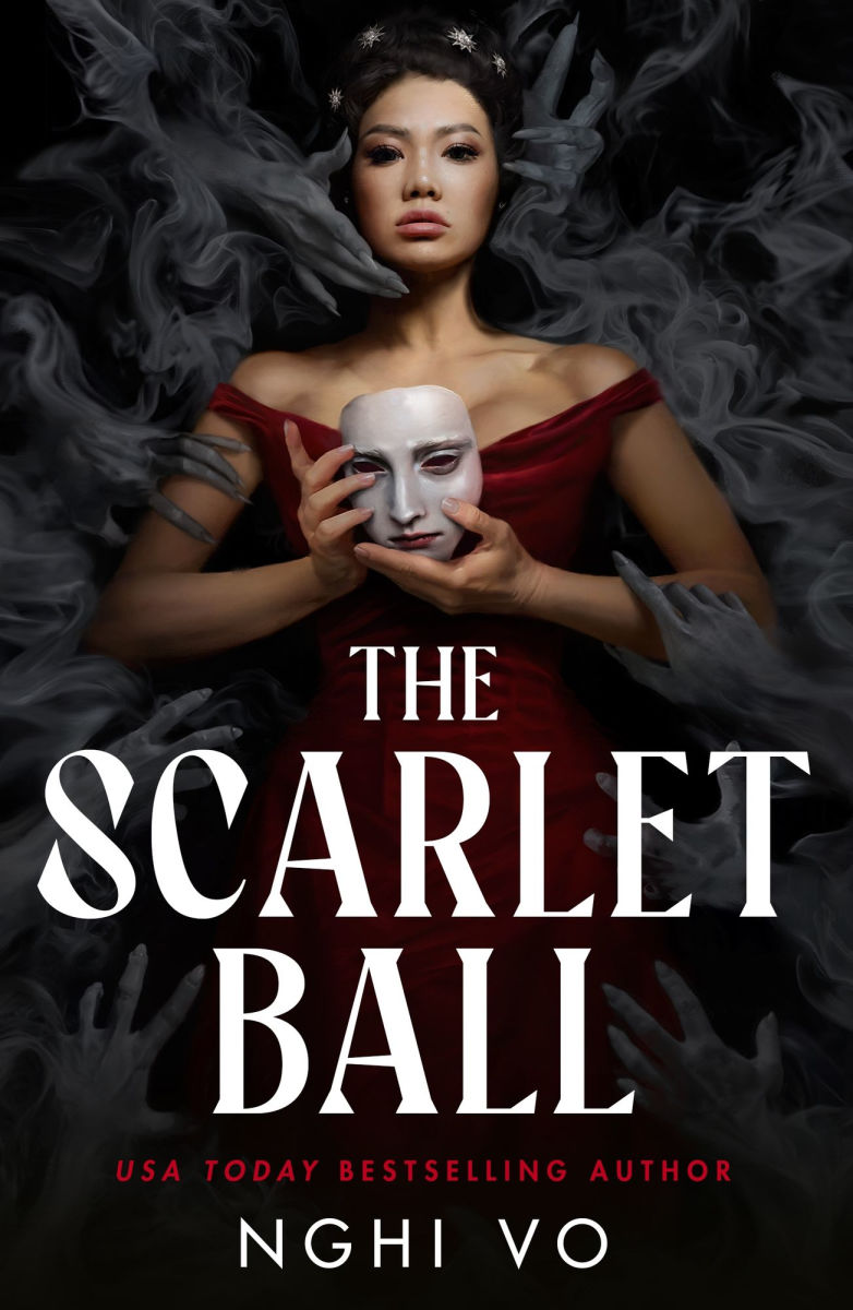 Book cover of 'The Scarlet Ball' featuring a woman in a red dress holding a mask against a dark background.