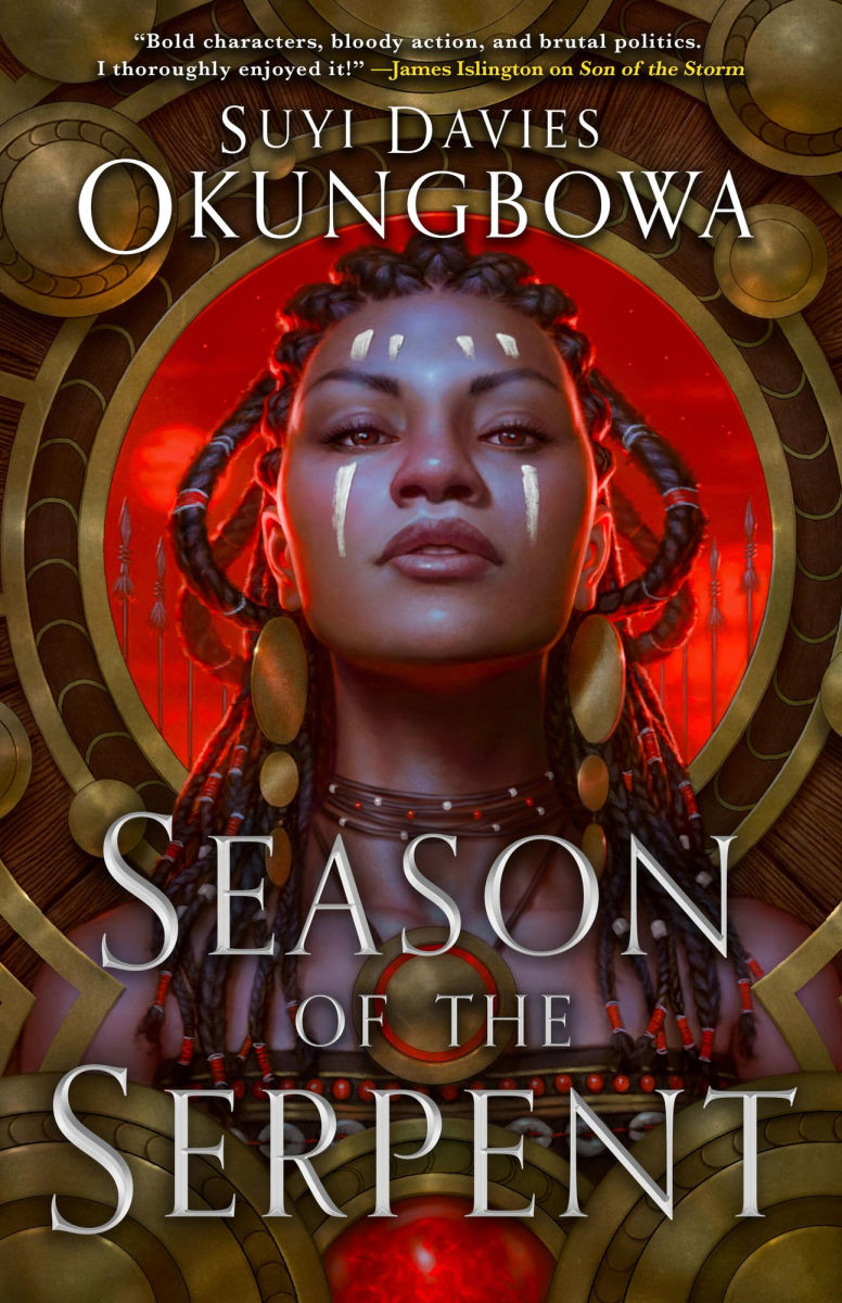 Book cover of 'Season of the Serpent' by Suyi Davies Okungbowa with a woman's face and red background.
