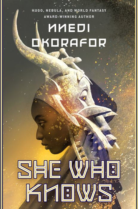 Book cover of 'She Who Knows' by Nnedi Okorafor with a stylized portrait and decorative elements.