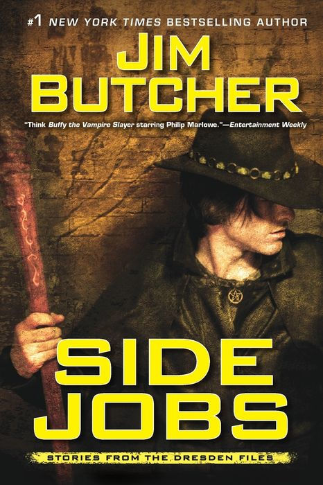 Book cover of 'Side Jobs' by Jim Butcher featuring a character holding a staff.