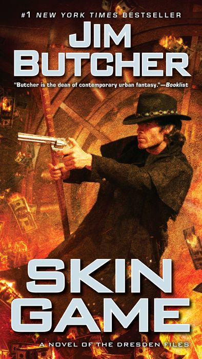 Book cover of 'Skin Game' by Jim Butcher featuring a character holding a gun.