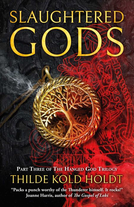 Book cover of 'Slaughtered Gods' by Thilde Kold Holdt with a gold pendant and red and black design.