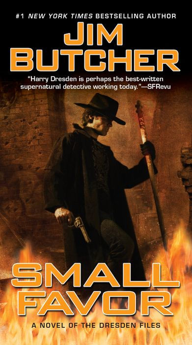 Book cover of 'Small Favor' by Jim Butcher featuring a character with a sword in a fiery background.