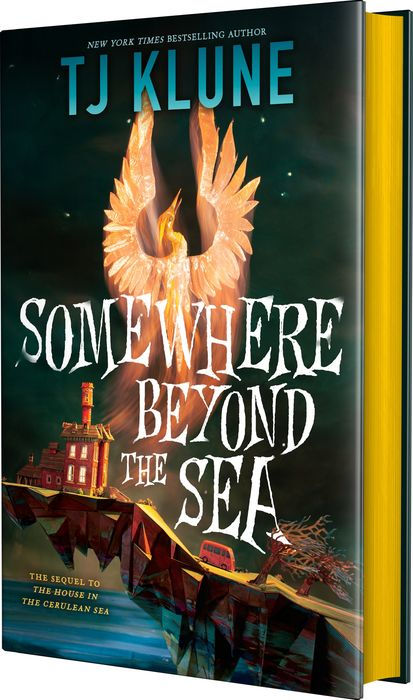 Book cover of 'Somewhere Beyond the Sea' by TJ Klune with a fiery design and ship illustration.