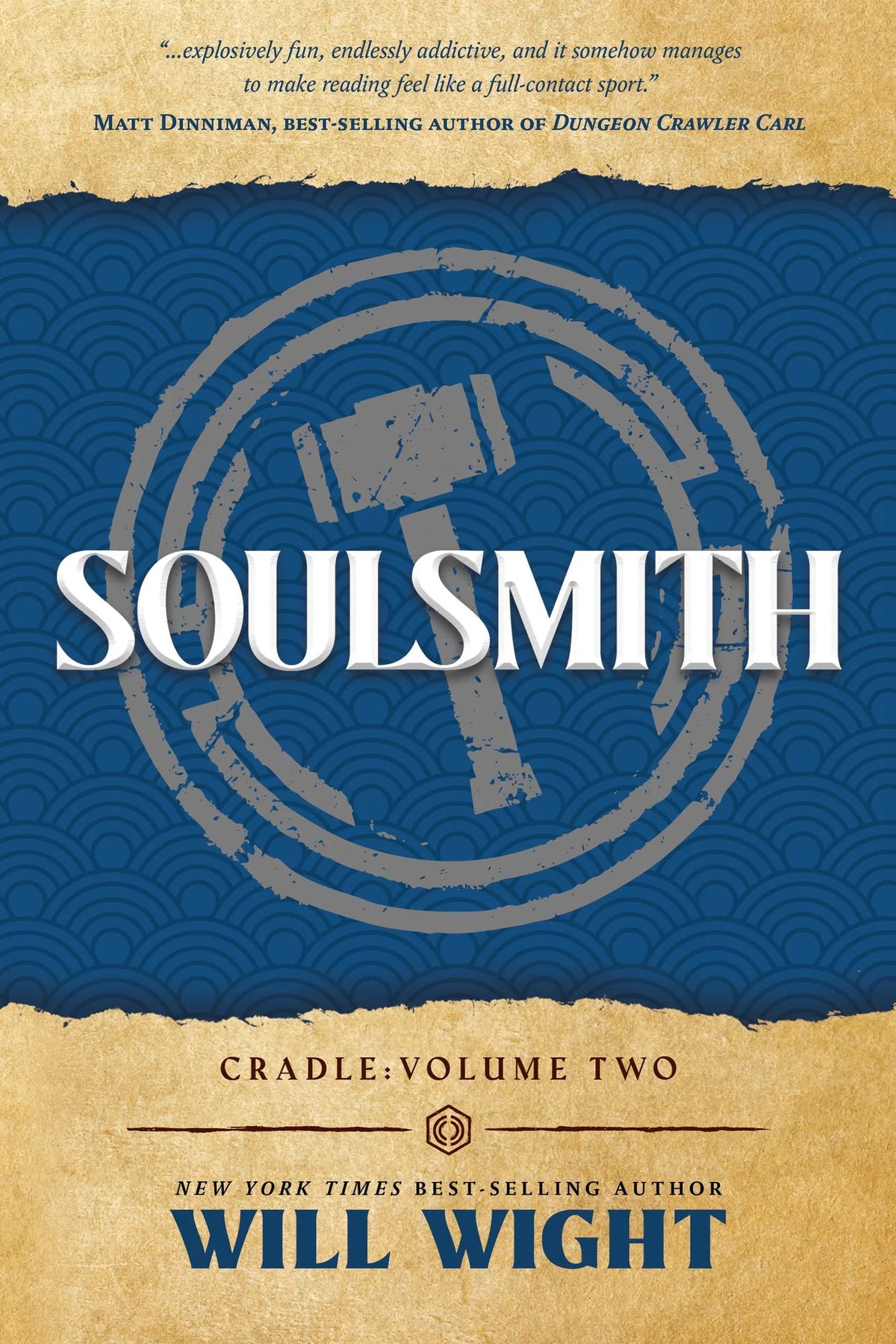 Book cover for 'Soulsmith: Cradle, Volume Two' by Will Wight, featuring a textured dark blue background with a wave pattern, a circular emblem, and a tan parchment-like top and bottom border with the title and author name in white and blue text.