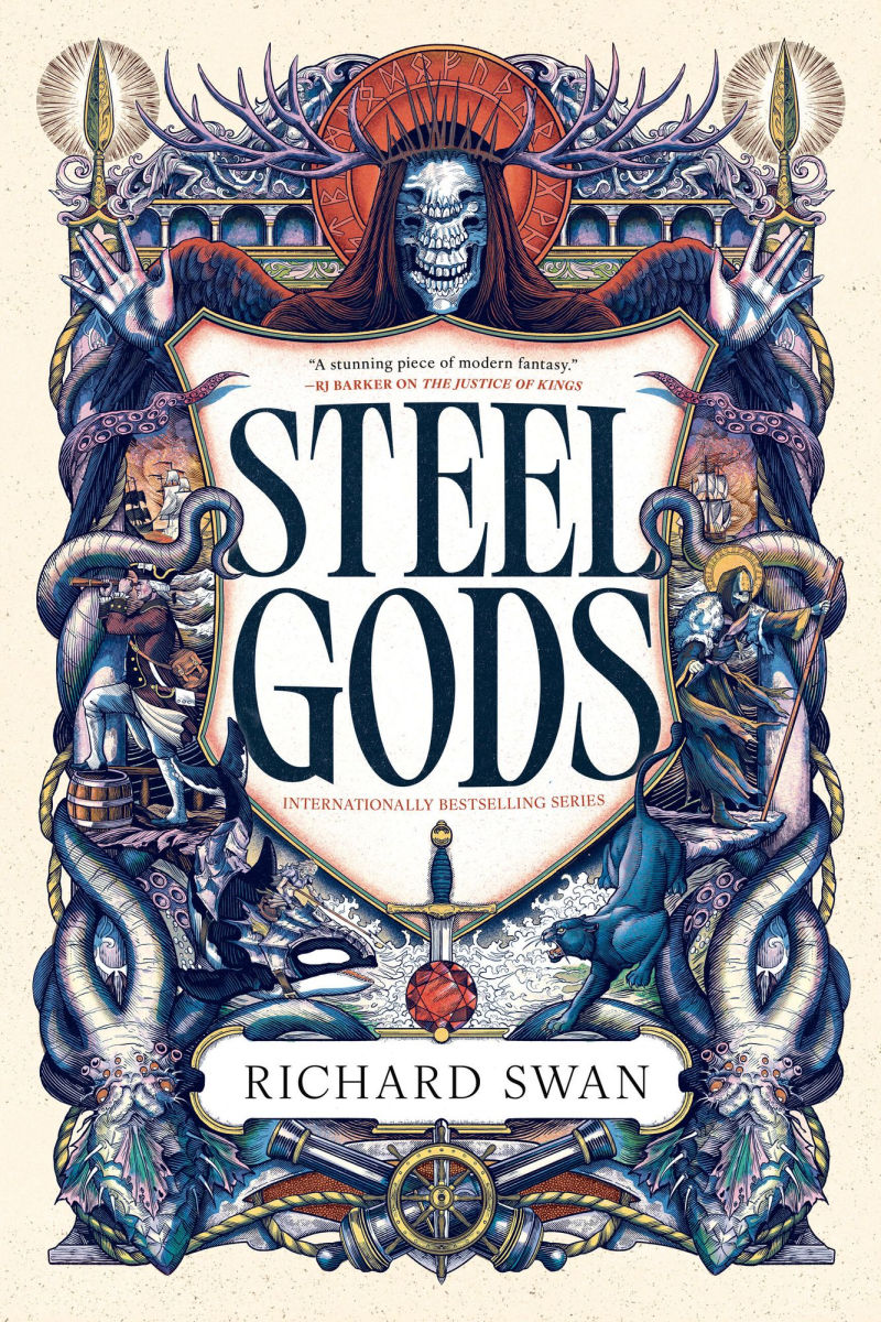 Book cover of 'Steel Gods' by Richard Swan with intricate design elements.