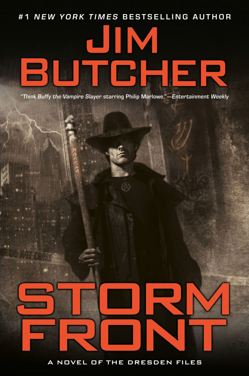 Book cover of 'Storm Front' by Jim Butcher featuring a character in a dark coat and hat against a stormy sky.