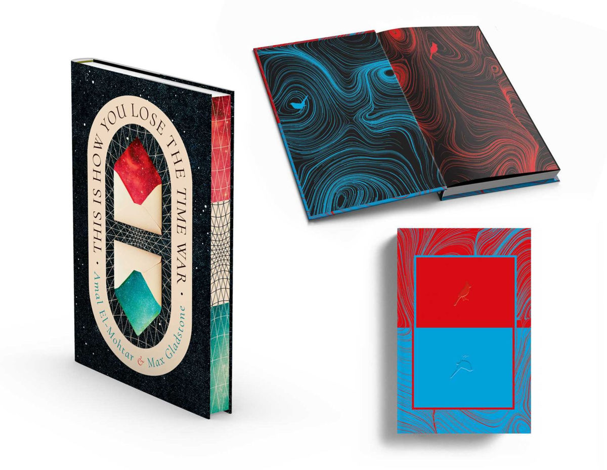 Decorative books with abstract designs on a white background
