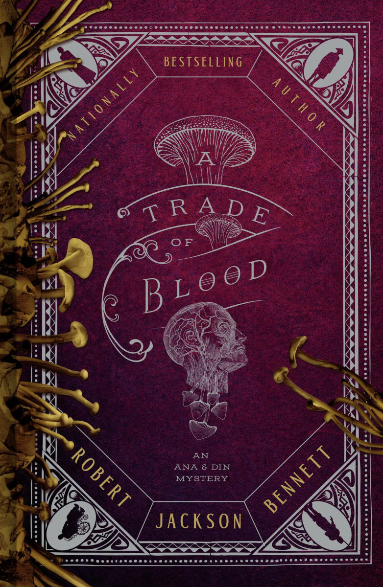 Book cover of 'A Trade of Blood' by Robert Jackson Bennett with a purple background and gold accents.