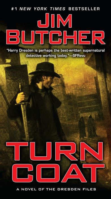 Book cover of 'Turncoat' by Jim Butcher featuring a character with a sword in a dimly lit room.