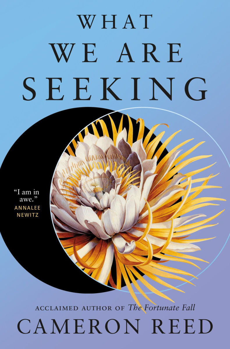 Book cover of 'What We Are Seeking' with a flower design and blue background