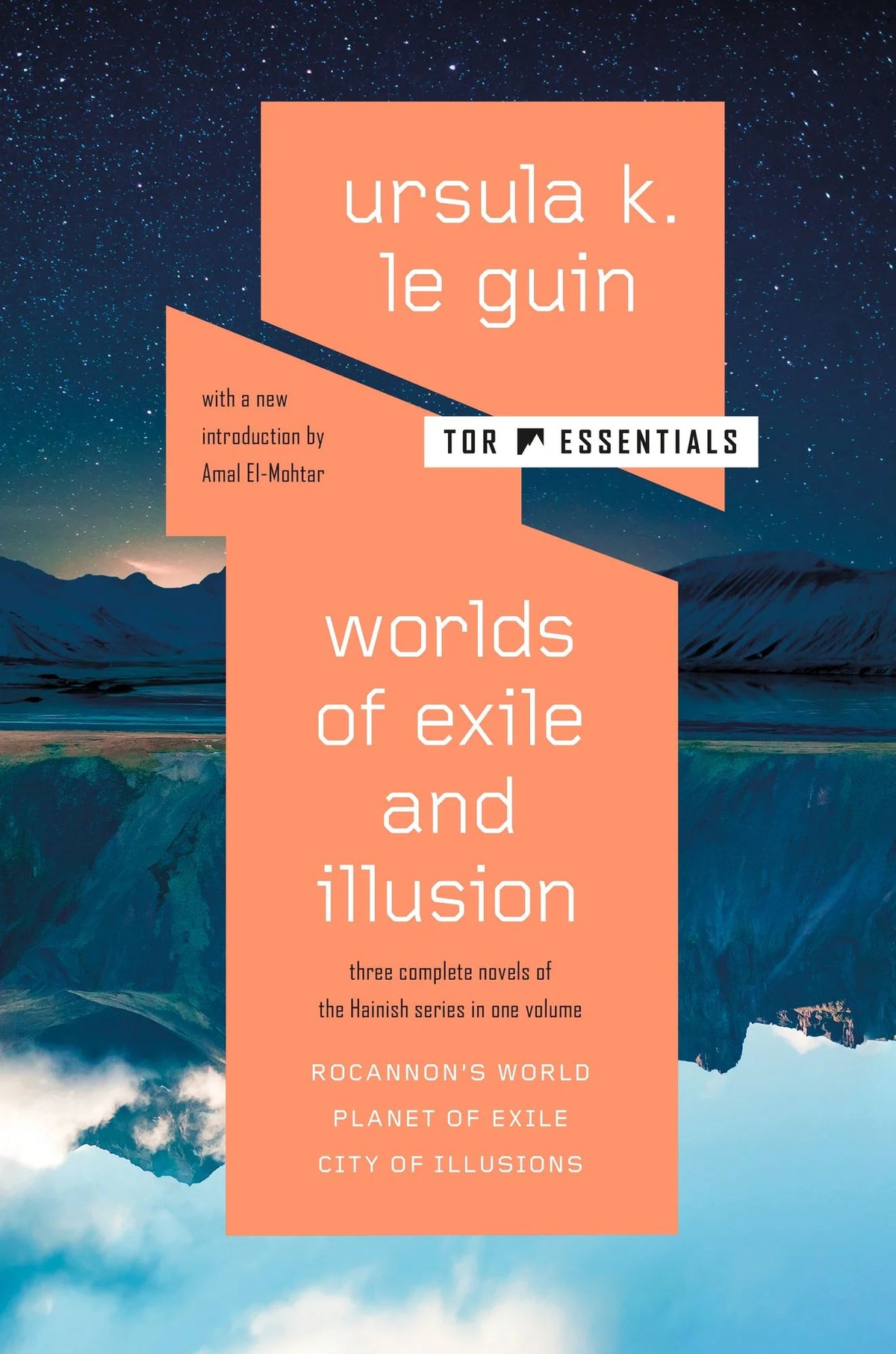 Book cover of 'Worlds of Exile and Illusion' by Ursula K. Le Guin with a scenic background.